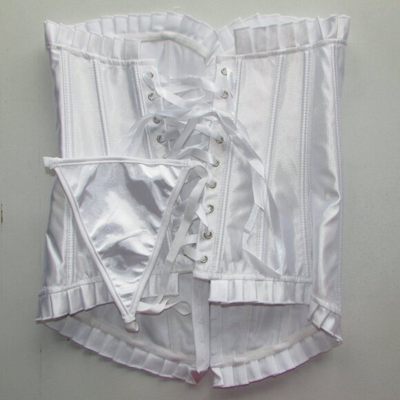 White Satin Ruffled Corset Set - NEW - Picture 6 of 10